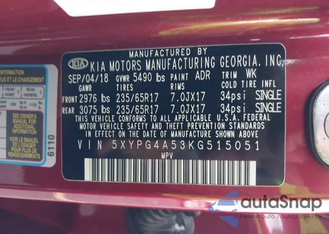 2019 Kia Sorento 3.3L Lx из США, поврежденный, VIN 5XYPG4A53KG515051